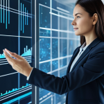 A professional woman, fully clothed in a modest business suit, thoughtfully interacting with a translucent holographic interface displaying complex data visualizations in a minimalist, high-tech office environment. The scene emphasizes seamless human-technology integration and the concept of a digital footprint. Soft, ambient lighting, sharp focus, perfect anatomy, well-formed hands, correct proportions, natural pose. Professional photography, high quality, safe for work, appropriate content, modest clothing.