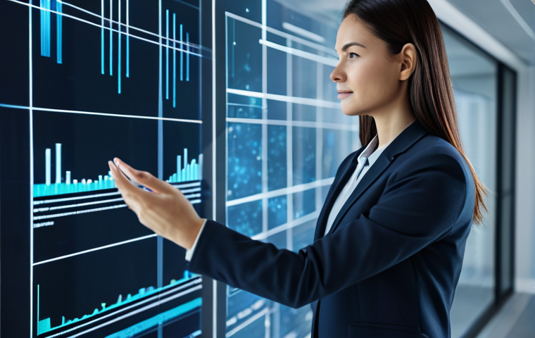 A professional woman, fully clothed in a modest business suit, thoughtfully interacting with a translucent holographic interface displaying complex data visualizations in a minimalist, high-tech office environment. The scene emphasizes seamless human-technology integration and the concept of a digital footprint. Soft, ambient lighting, sharp focus, perfect anatomy, well-formed hands, correct proportions, natural pose. Professional photography, high quality, safe for work, appropriate content, modest clothing.