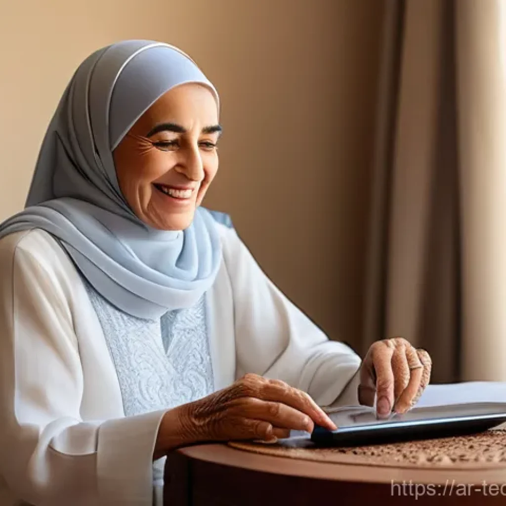 테크노사피엔스와 고령화 사회의 대응 - "A serene, elderly Arab woman, gracefully dressed in a modest, elegantly embroidered jalabiya and a ...