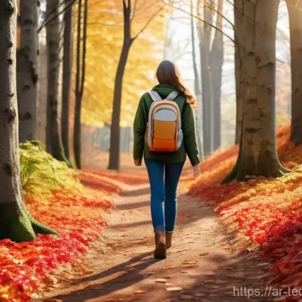 테크노사피엔스의 기술 진화사 - A serene, sun-drenched autumn forest path. A young woman, approximately 20 years old, with long, wav...
