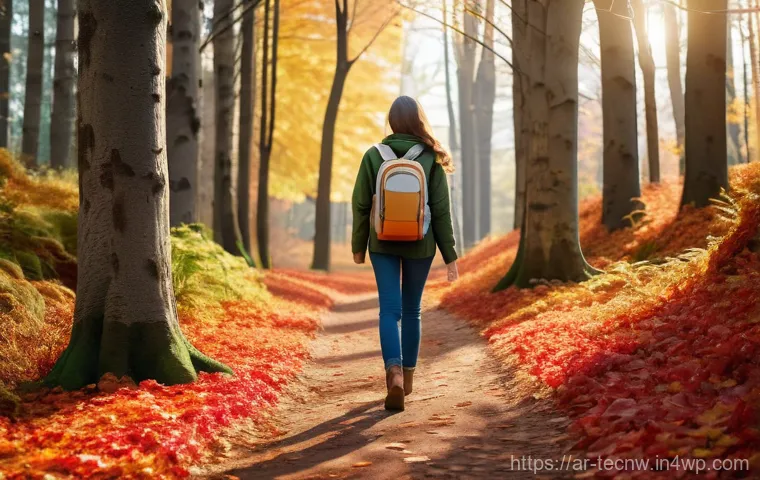 테크노사피엔스의 기술 진화사 - A serene, sun-drenched autumn forest path. A young woman, approximately 20 years old, with long, wav...