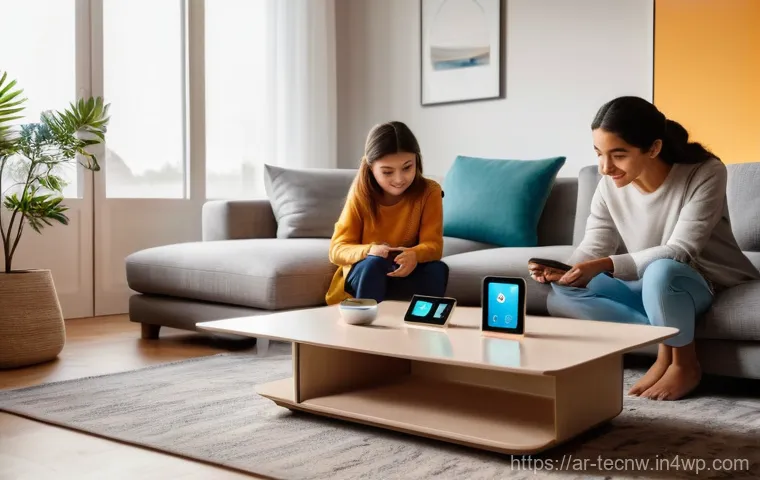 테크노사피엔스의 실용적 응용 사례 - **Smart Home Family Evening:**
    A serene, high-angle, wide shot of a modern, inviting living room...