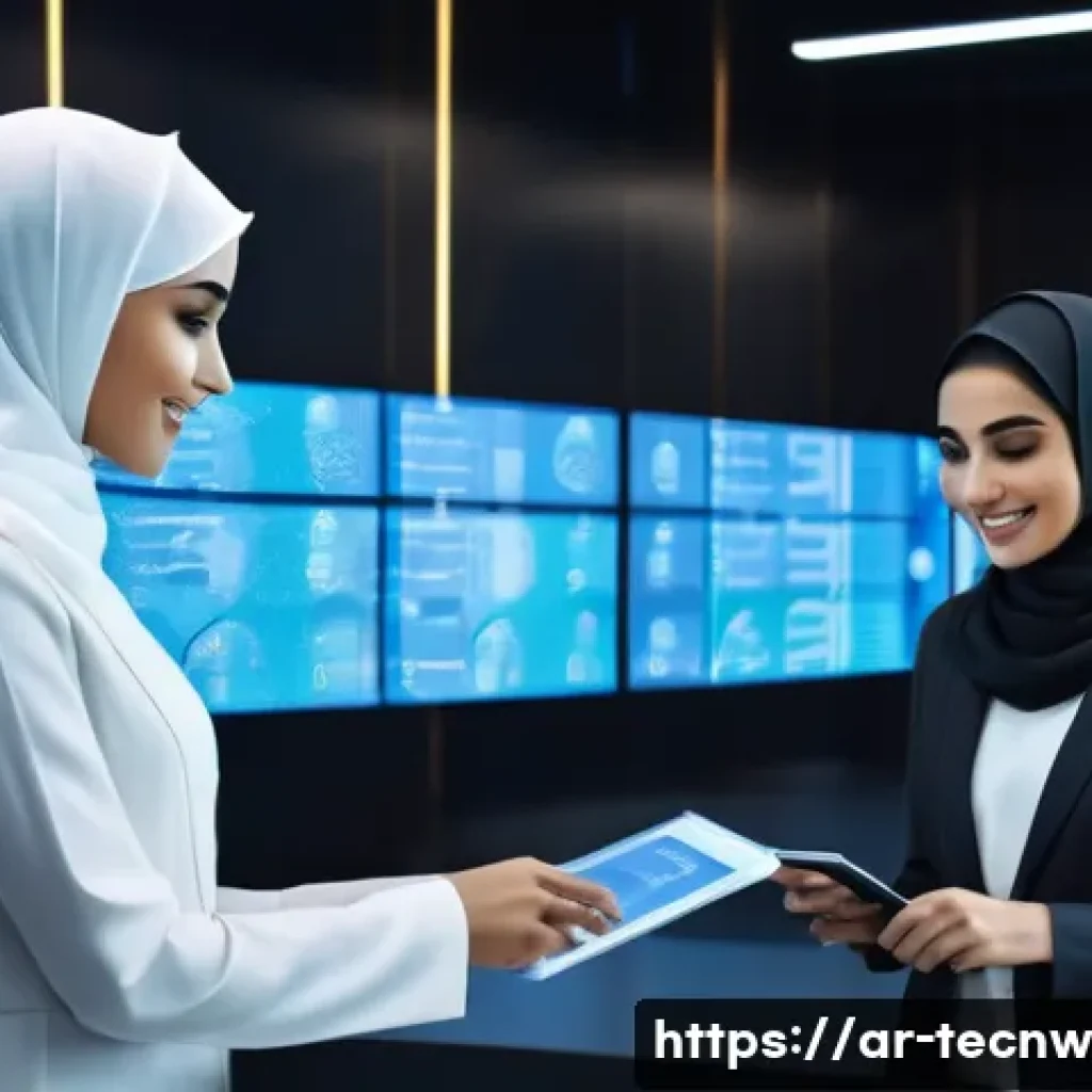 테크노사피엔스의 법적 쟁점 - A futuristic Arab professional woman wearing modern business attire and a hijab, interacting with a ...