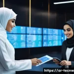 Home 22 테크노사피엔스의 법적 쟁점 - A futuristic Arab professional woman wearing modern business attire and a hijab, interacting with a ...