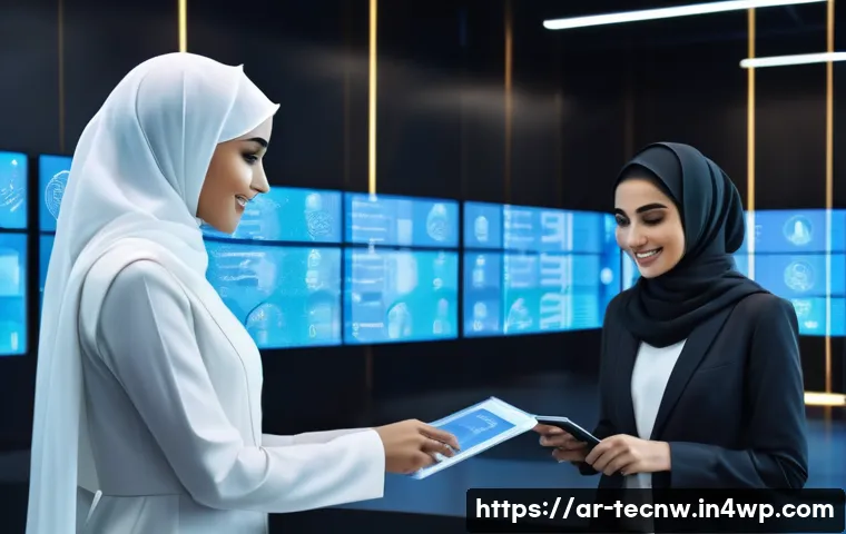 테크노사피엔스의 법적 쟁점 - A futuristic Arab professional woman wearing modern business attire and a hijab, interacting with a ...