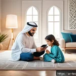 Home 20 테크노사피엔스가 가져올 사회적 변화 - A modern Arab family in a warmly lit living room using multiple smart devices like tablets, smartpho...
