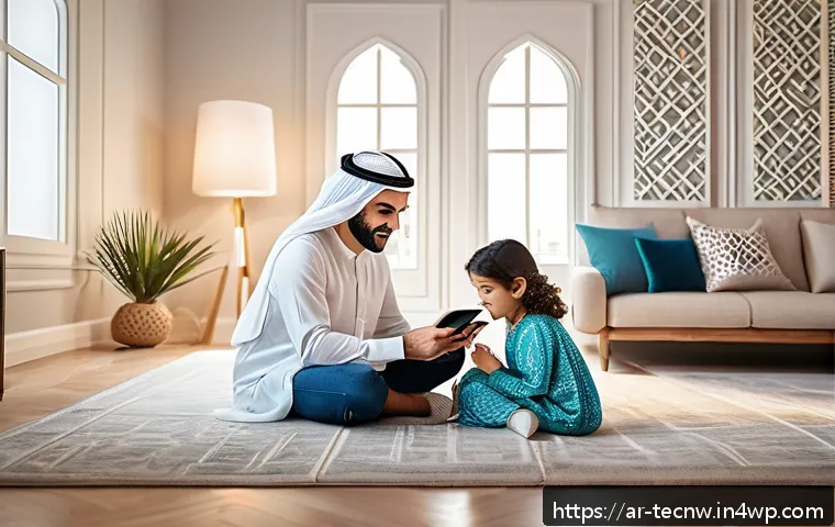 테크노사피엔스가 가져올 사회적 변화 - A modern Arab family in a warmly lit living room using multiple smart devices like tablets, smartpho...
