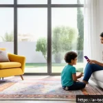 Home 19 테크노사피엔스와 신기술의 접근성 - A modern Middle Eastern family in a bright, stylish living room using smart home devices: a woman sp...