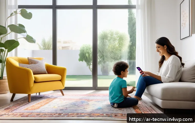 테크노사피엔스와 신기술의 접근성 - A modern Middle Eastern family in a bright, stylish living room using smart home devices: a woman sp...