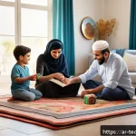 Home 18 테크노사피엔스 시대의 사회적 책임 - A warm, modern Arab family scene in a spacious, sunlit living room, where three generations are gath...