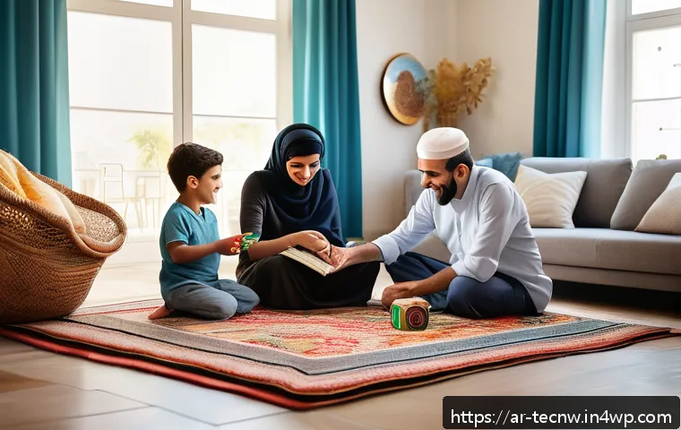 테크노사피엔스 시대의 사회적 책임 - A warm, modern Arab family scene in a spacious, sunlit living room, where three generations are gath...