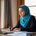 Home 23 테크노사피엔스의 학습 방법론 - A focused Middle Eastern woman in her late 20s sitting at a modern study desk by a window with warm ...