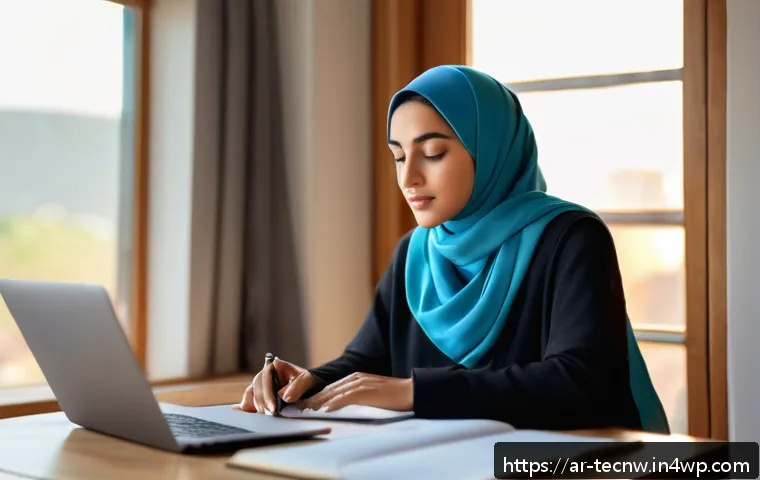 테크노사피엔스의 학습 방법론 - A focused Middle Eastern woman in her late 20s sitting at a modern study desk by a window with warm ...