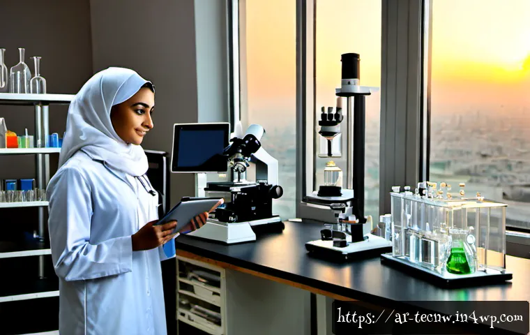 테크노사피엔스와 과학적 방법론 - Photorealistic modern research laboratory in an Arab Gulf city, an Arab female scientist in modest p...