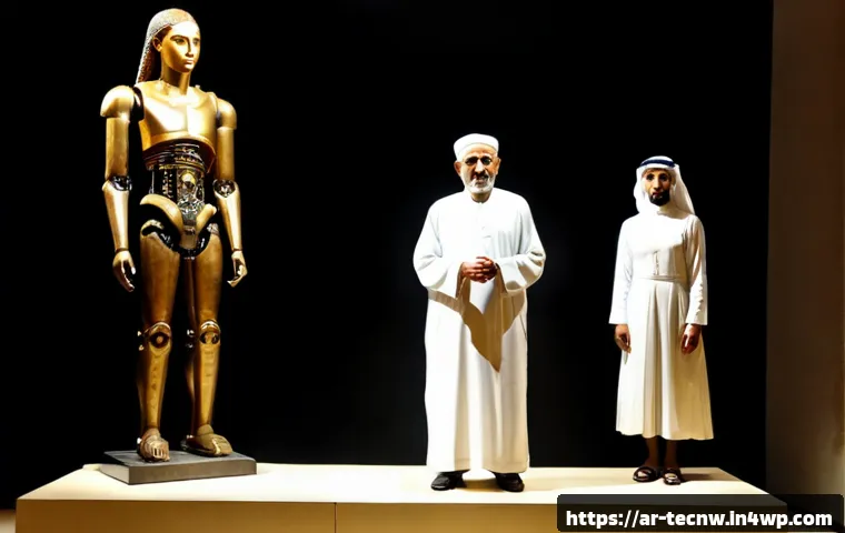 테크노사피엔스의 역사적 발전 과정 - Photorealistic historical evolution scene in a modern Arab museum gallery: an Arab family of three, ...