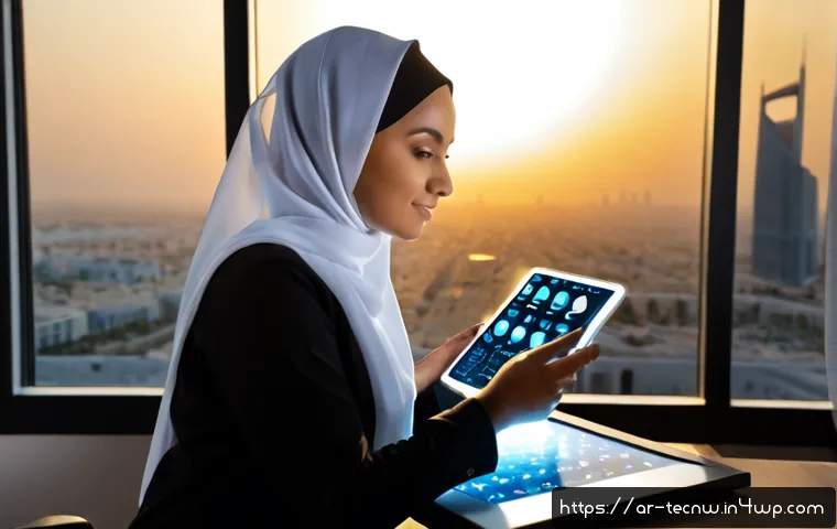 테크노사피엔스와 인공지능 윤리 - Photorealistic editorial scene of an Arab female AI engineer in modest professional attire and heads...